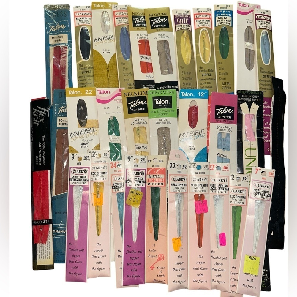 Lot of 31 Vintage  Zippers Various Sizes - Talon, J&P Coats Clarks